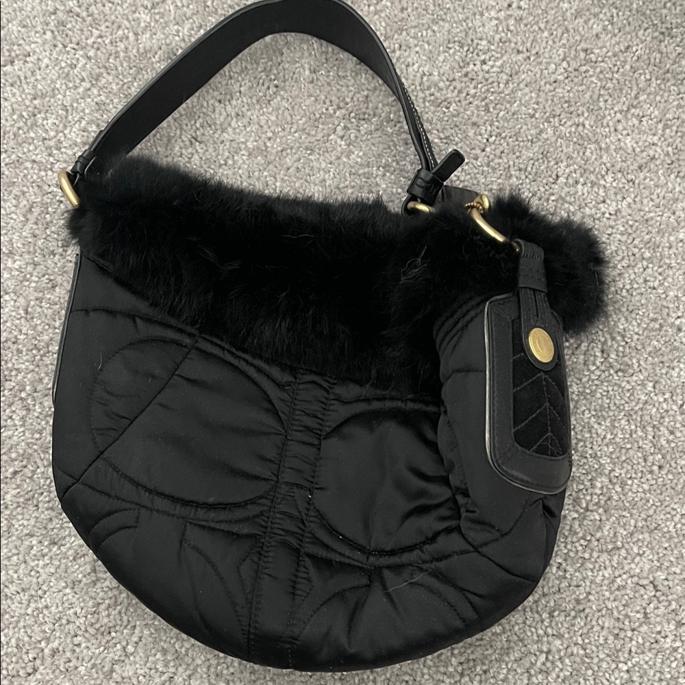 Coach Black Quilted Shoulder Bag with Faux Fur Trim and Gold Hardware